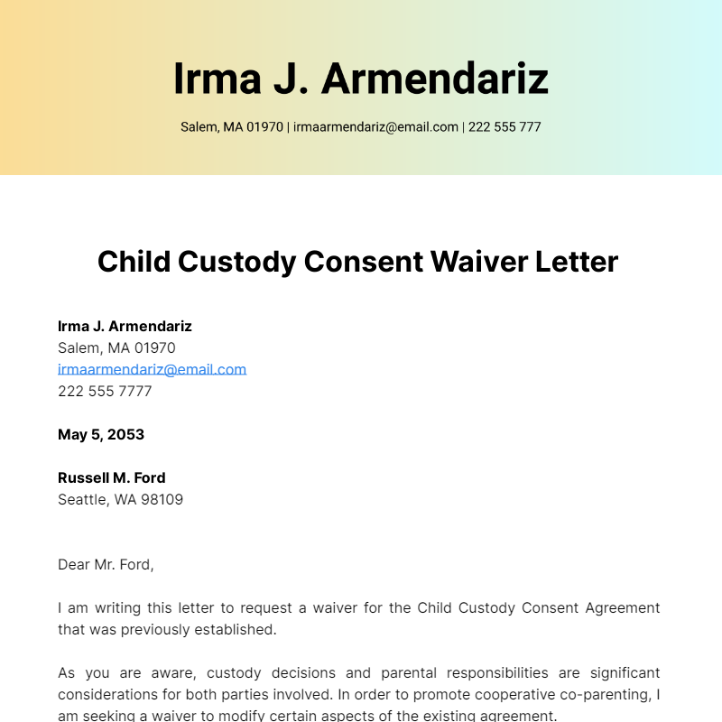 Free Child Custody Consent Waiver Letter Template