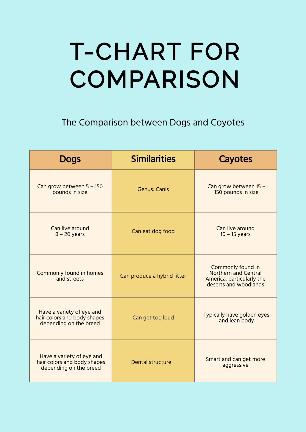 T Chart for Comparison