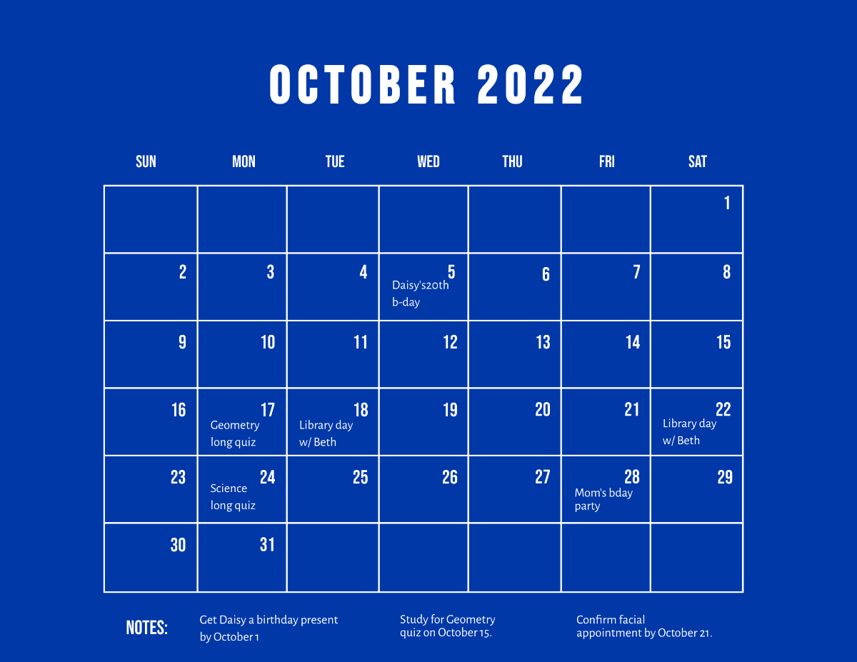 Free Blue October 2022 Calendar Template