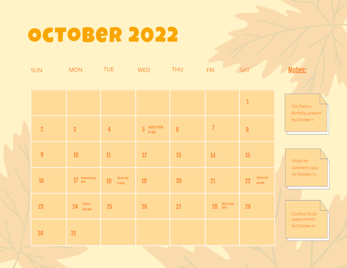 Free October 2022 Monthly Calendar Template
