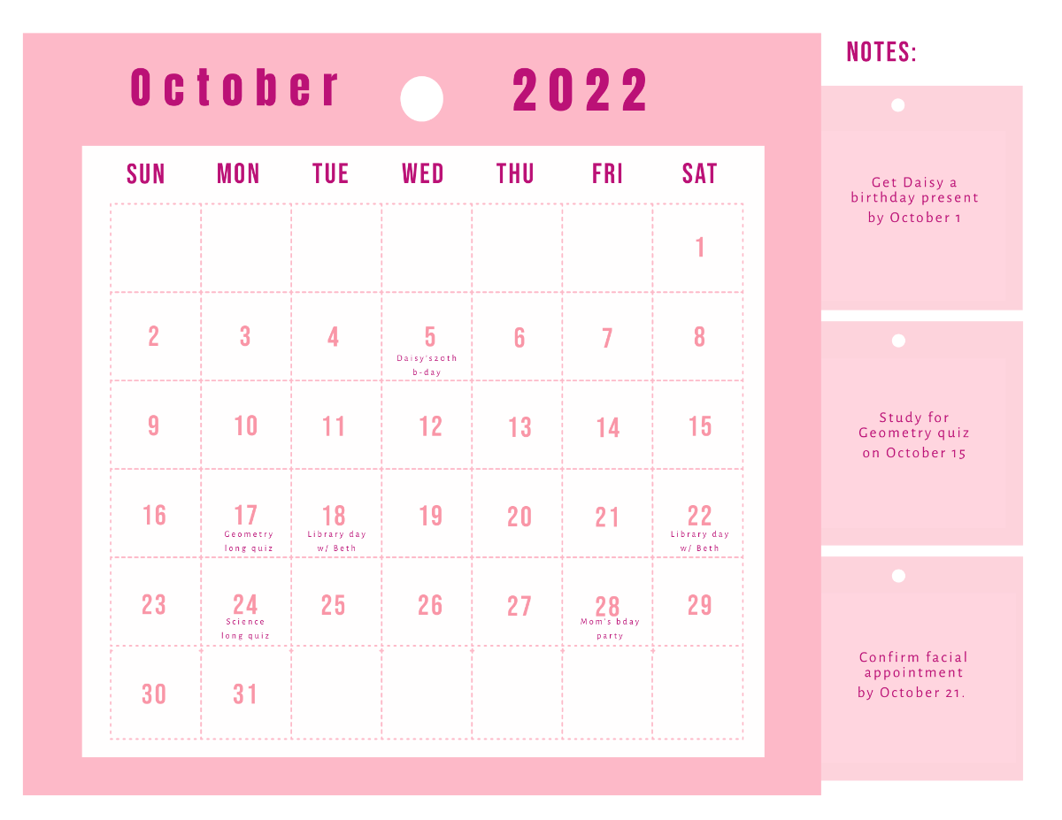 Pink October 2022 Calendar Template