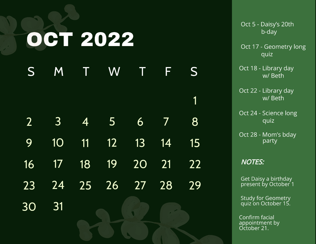 Free Simple October 2022 Calendar Template