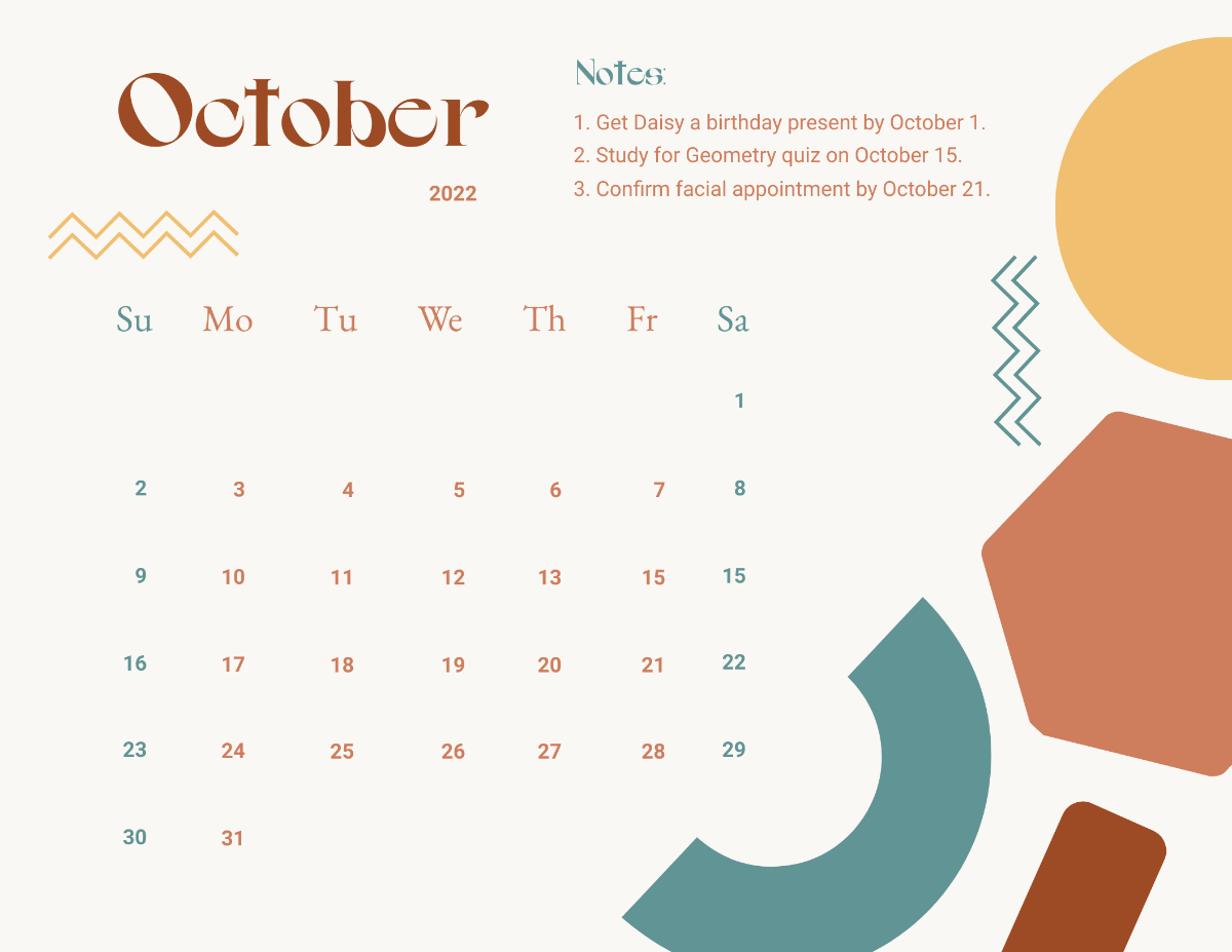 Printable October 2022 Monthly Calendar Template