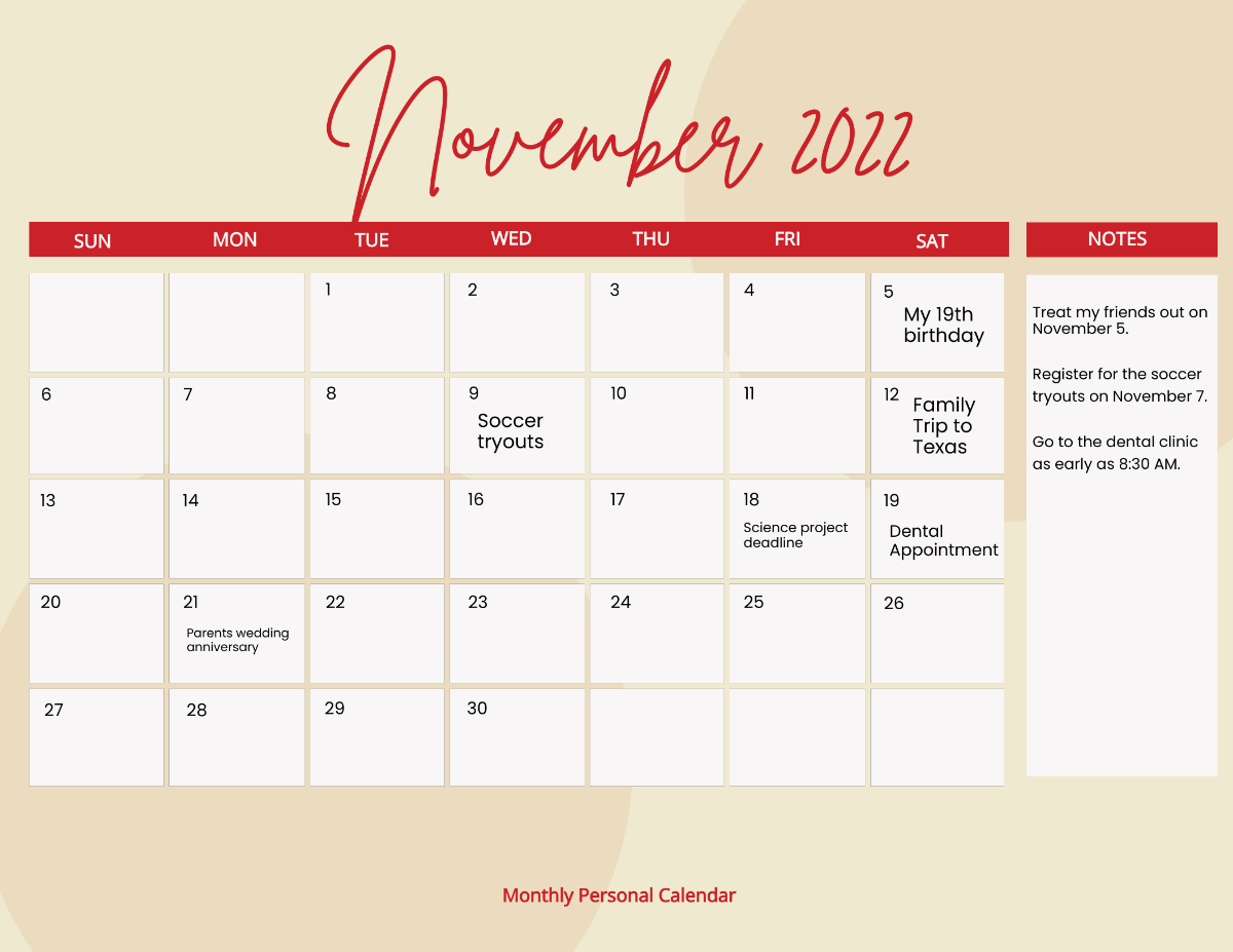 Free Lunar Calendar November 2022 Template