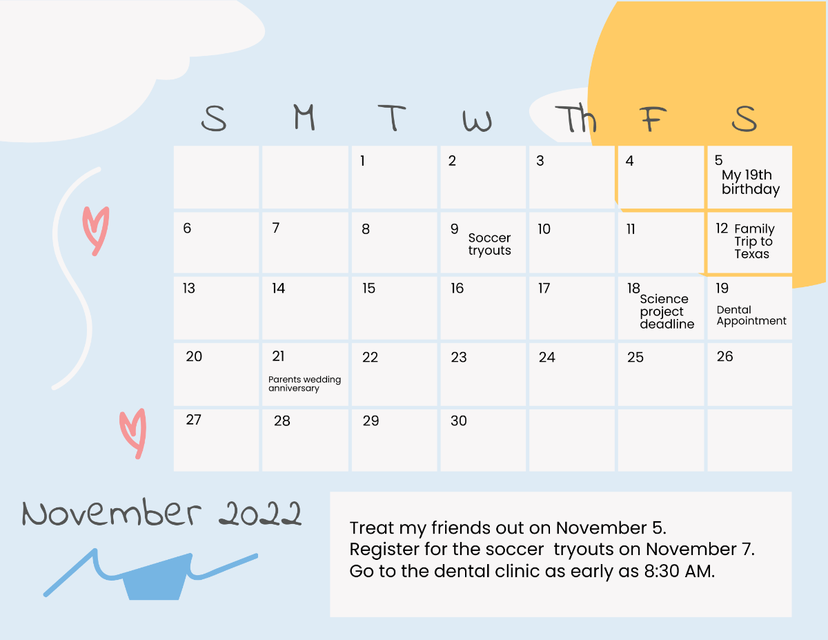 Free Cute November 2022 Calendar Template
