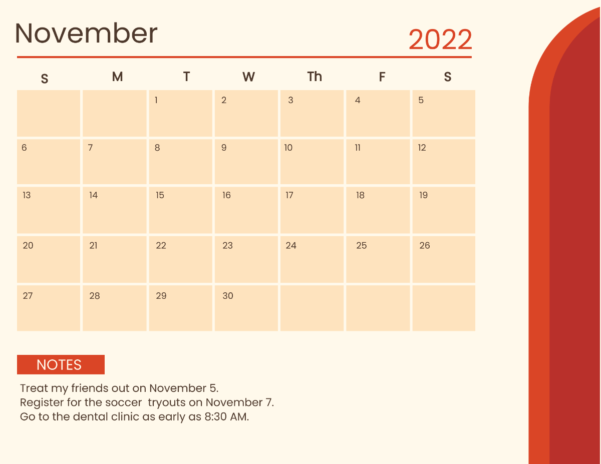 Printable November 2022 Calendar Template