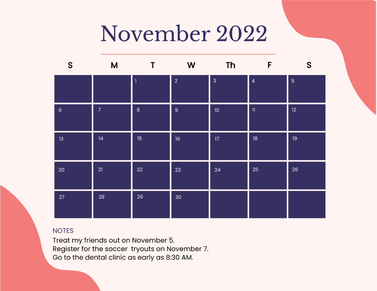 Free Pretty November 2022 Calendar Template