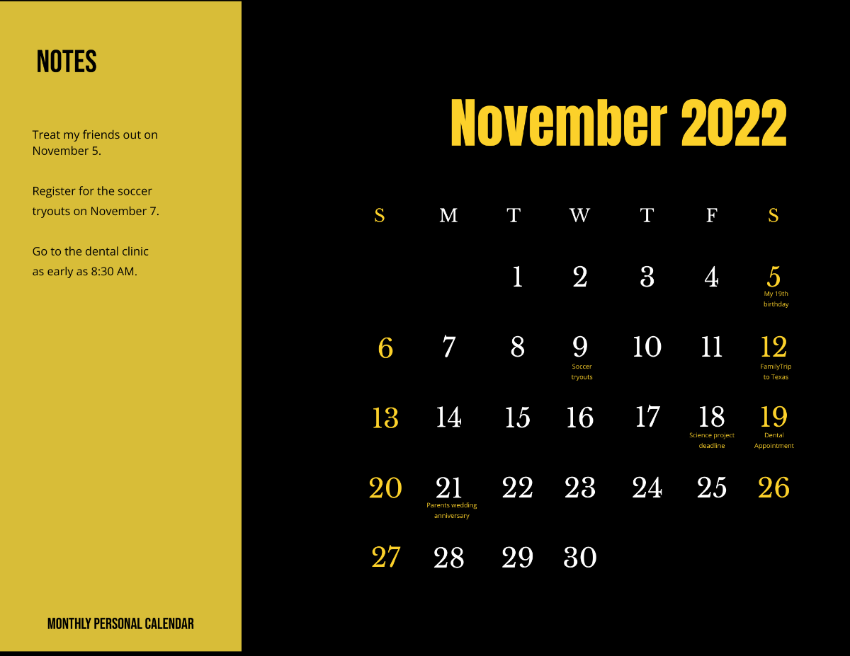 Free Fancy November 2022 Calendar Template