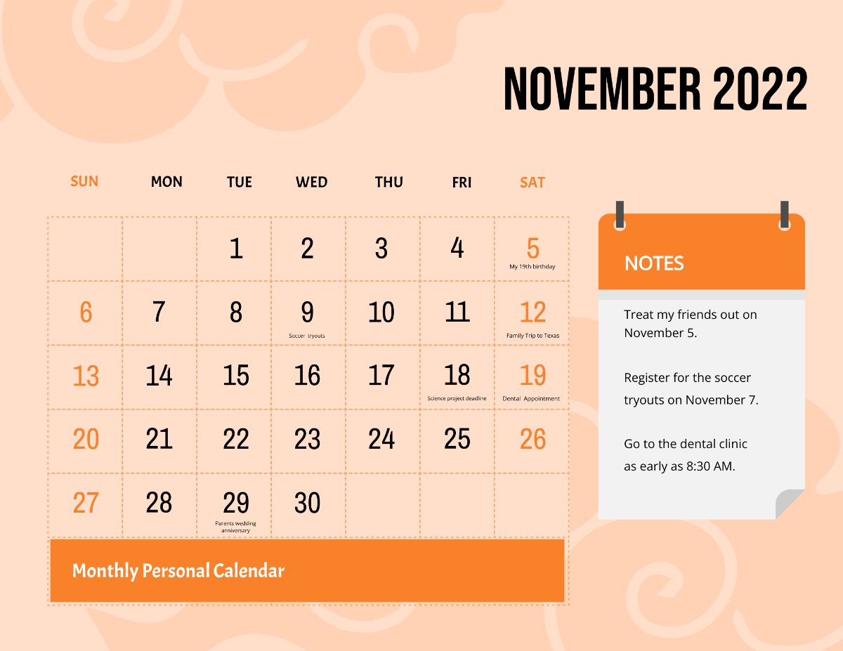 Free Colorful November 2022 Calendar Template