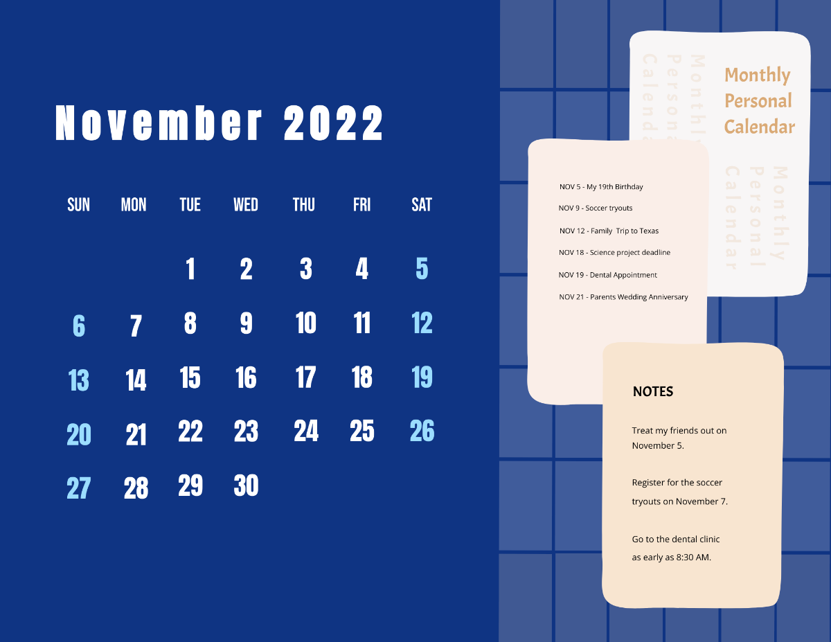 Free Blue November 2022 Calendar Template