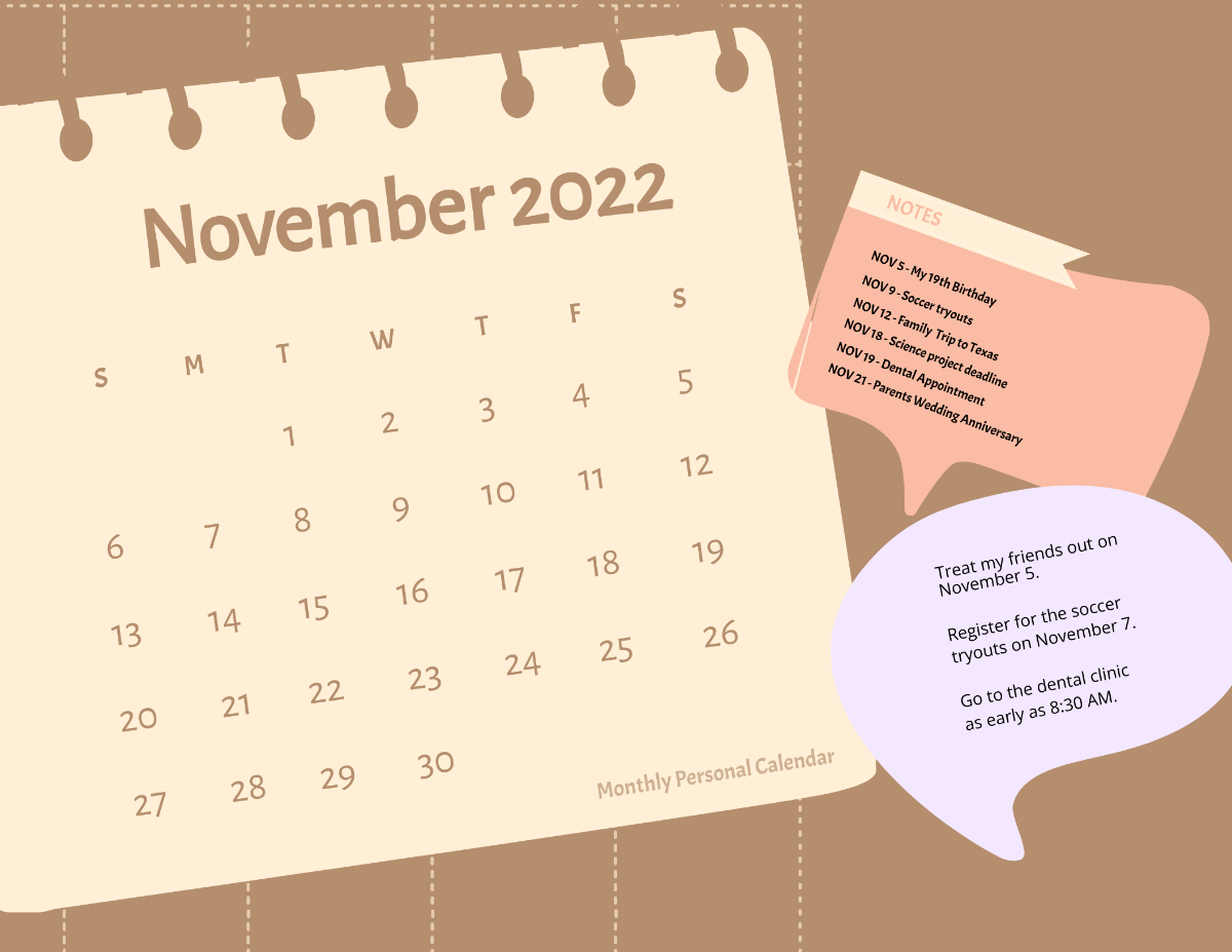 Free November 2022 Monthly Calendar Template