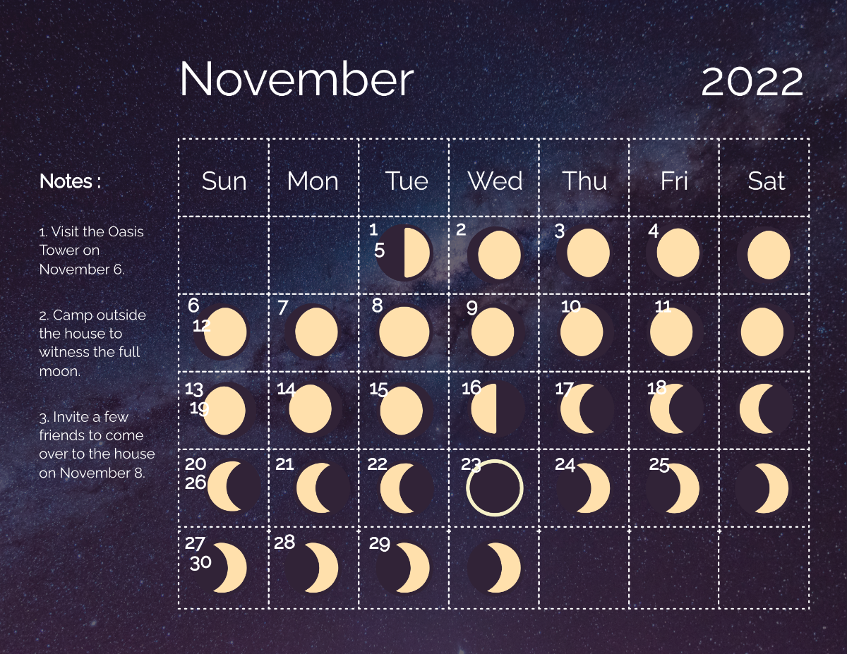 November 2022 Calendar With Moon Phases Template