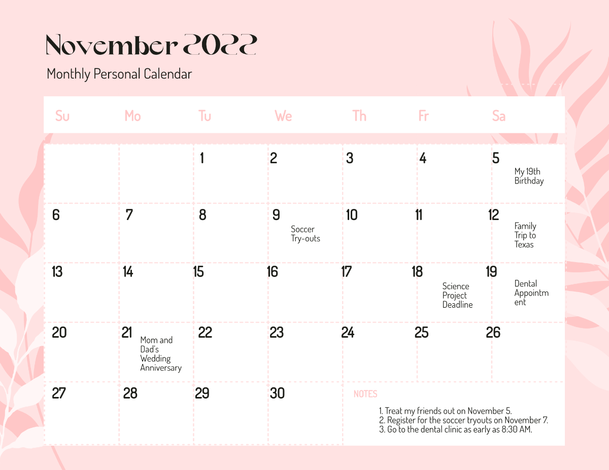 Free Pink November 2022 Calendar Template