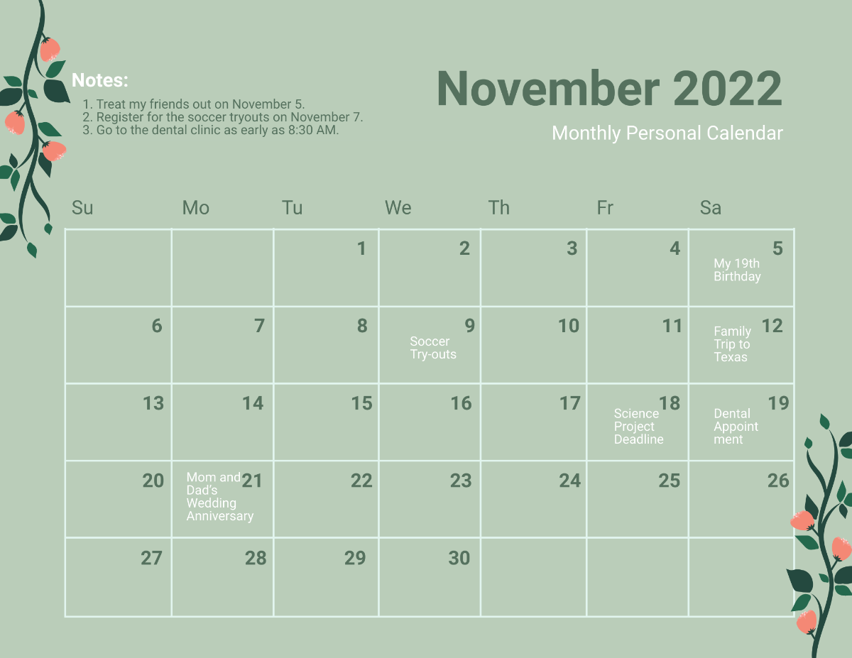 Free Simple November 2022 Calendar Template