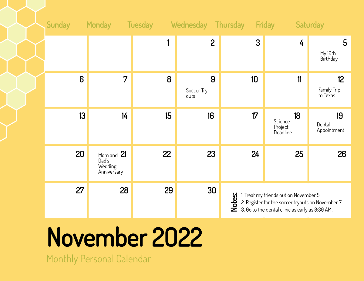 Printable November 2022 Monthly Calendar Template