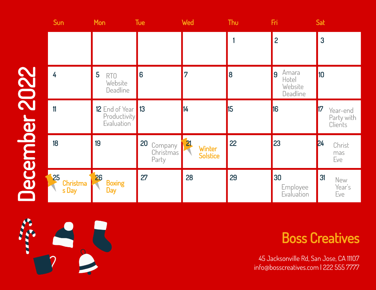Free December 2022 Calendar With Holidays Template