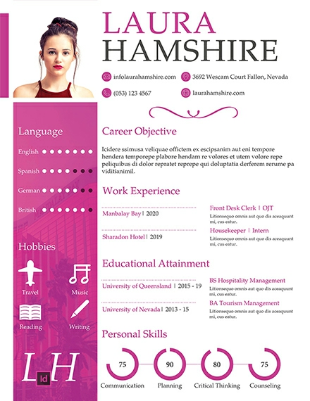 Free Hotel Job Resume for Fresher Template - InDesign
