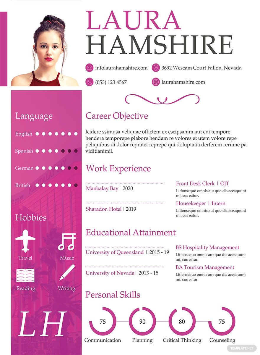 Free Hotel Job Resume for Fresher Template