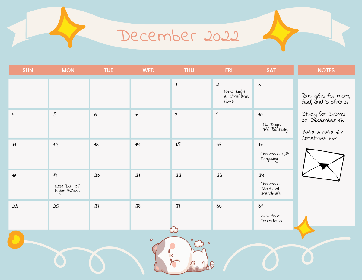 Free Cute December 2022 Calendar Template