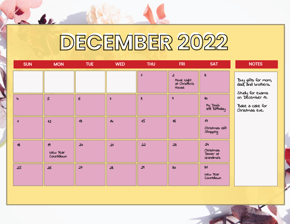 Free Floral December 2022 Calendar Template
