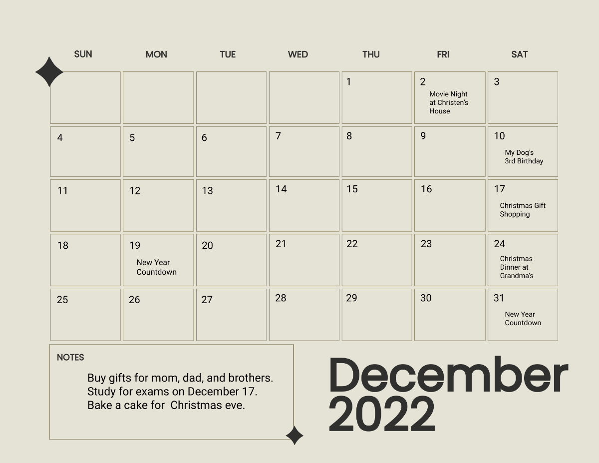 Free Printable December 2022 Calendar Template