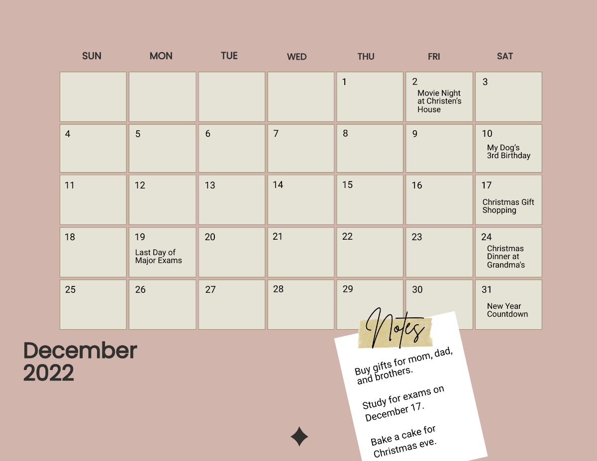 Pretty December 2022 Calendar Template