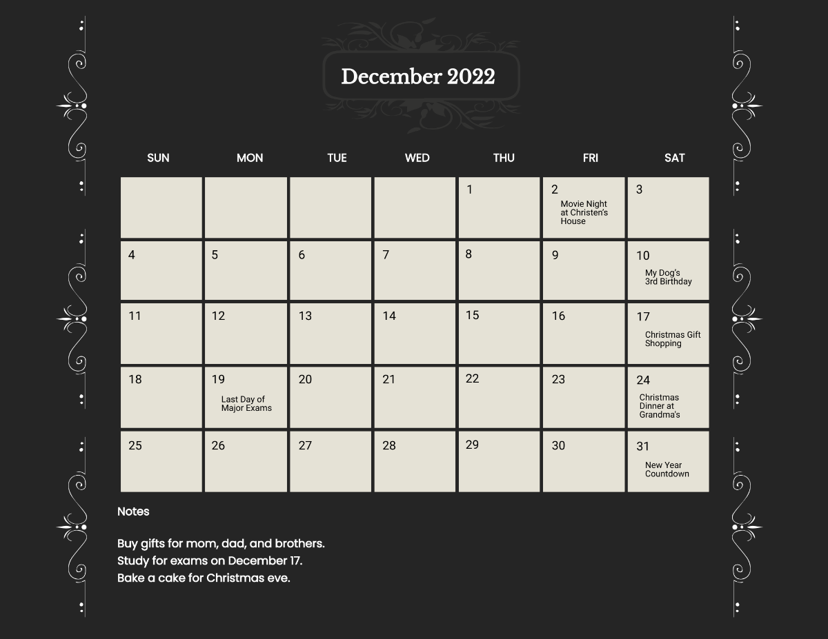 Free Fancy December 2022 Calendar Template