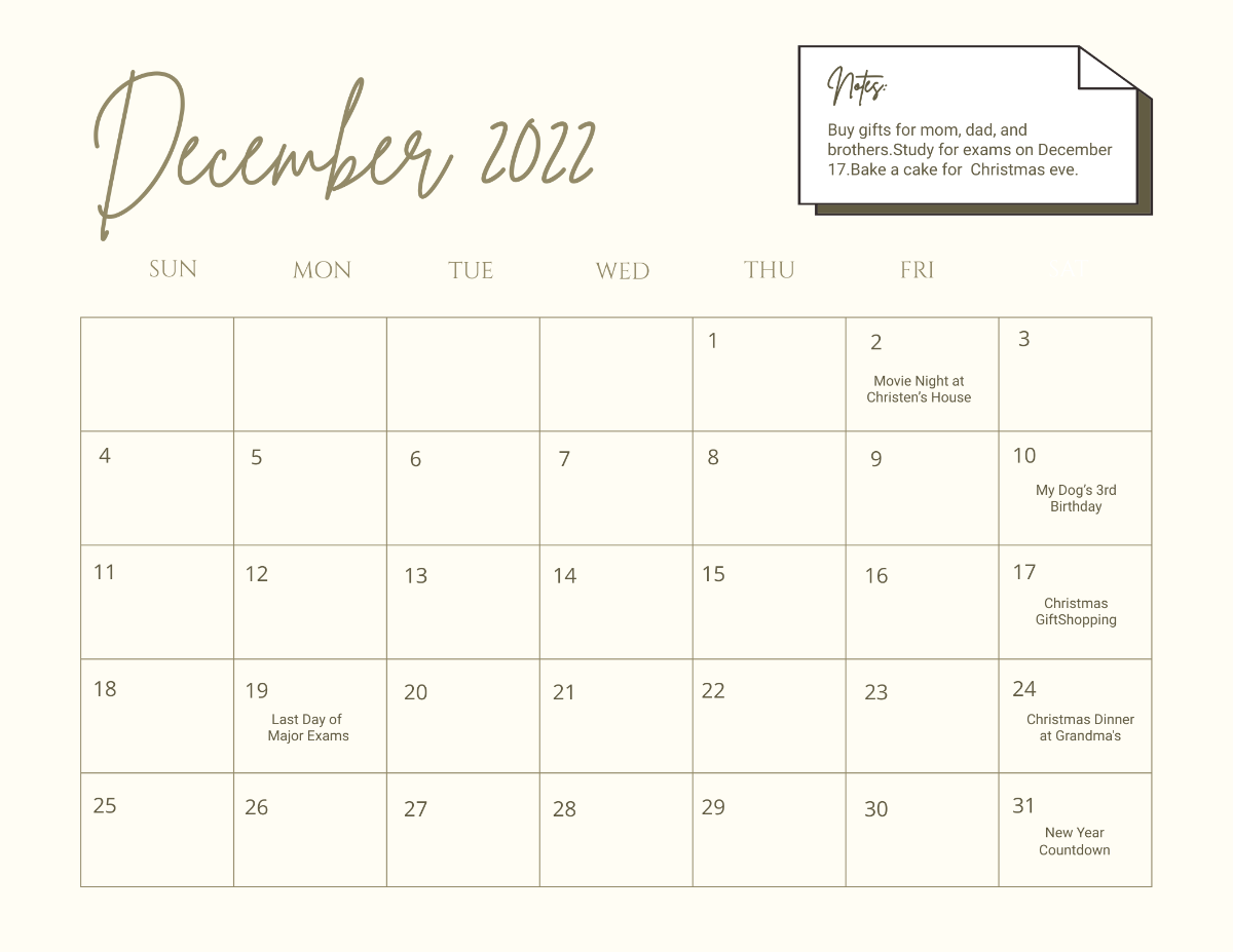 Calligraphy December 2022 Calendar