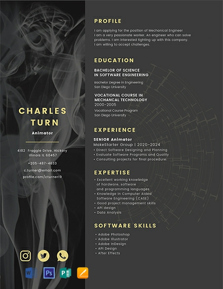 Animator CV Template - Word, Apple Pages, PSD, Publisher