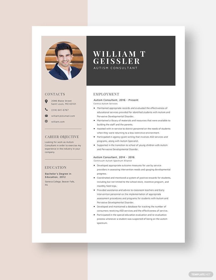 Autism Consultant Resume in Word, Apple Pages