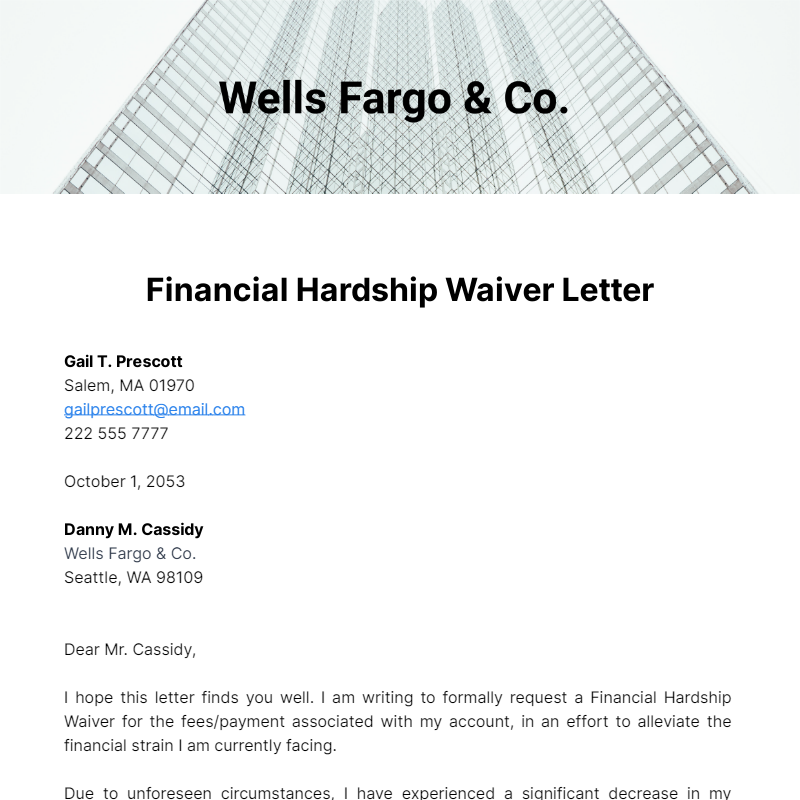 Financial Hardship Waiver Letter Template