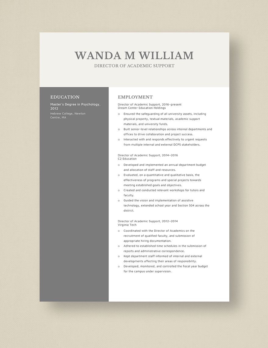 Director of Academic Support Resume