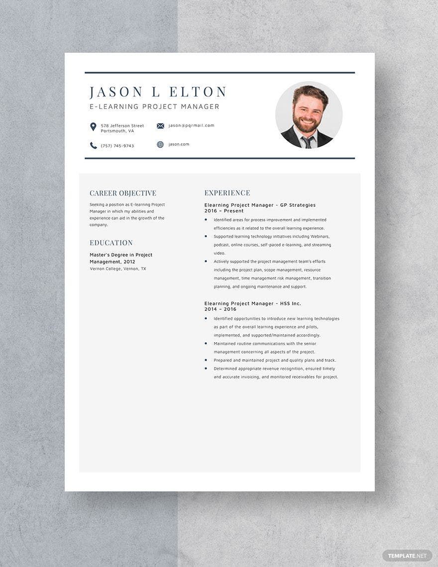 E-Learning Project Manager Resume in Word, Apple Pages