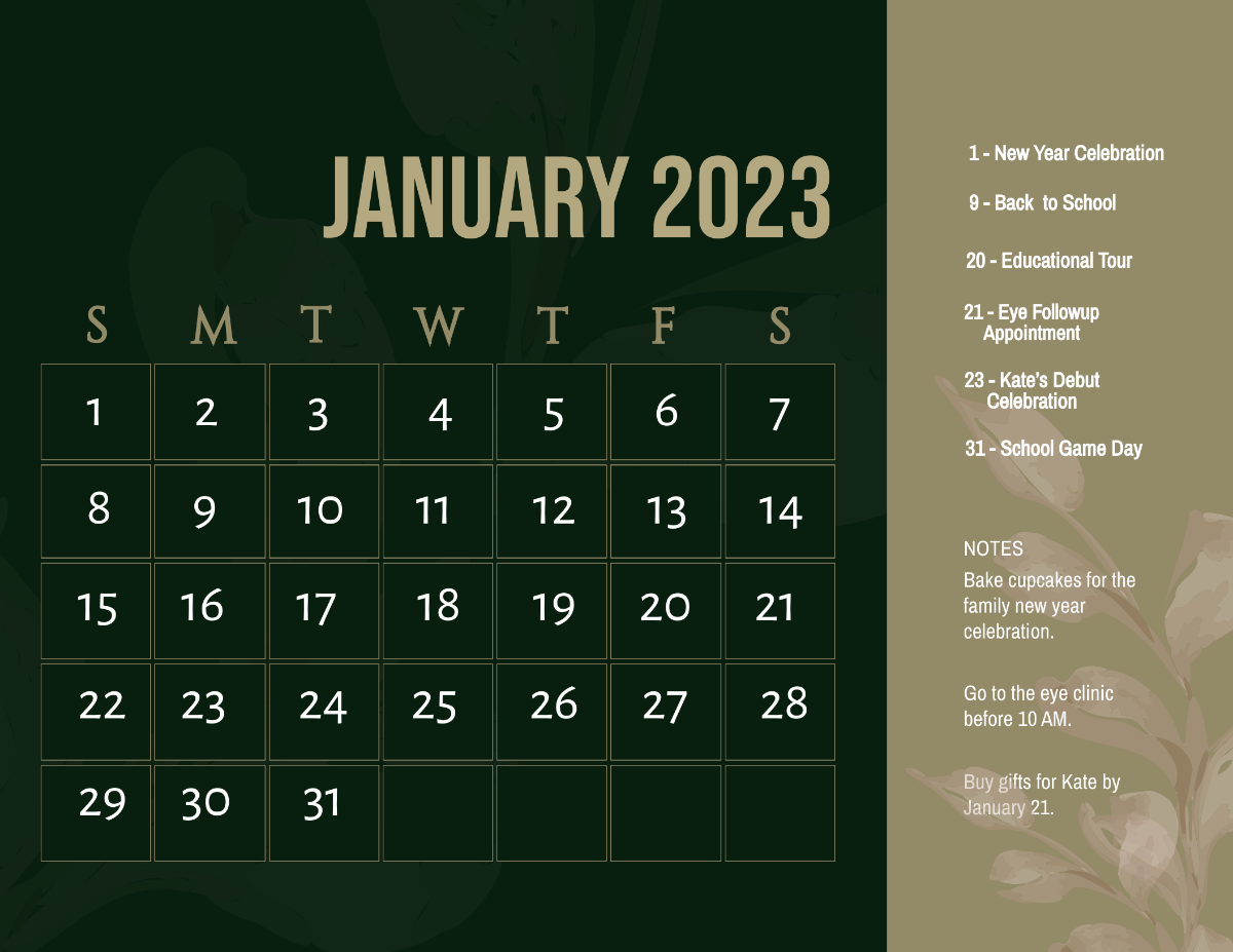 Fancy January 2023 Calendar Template