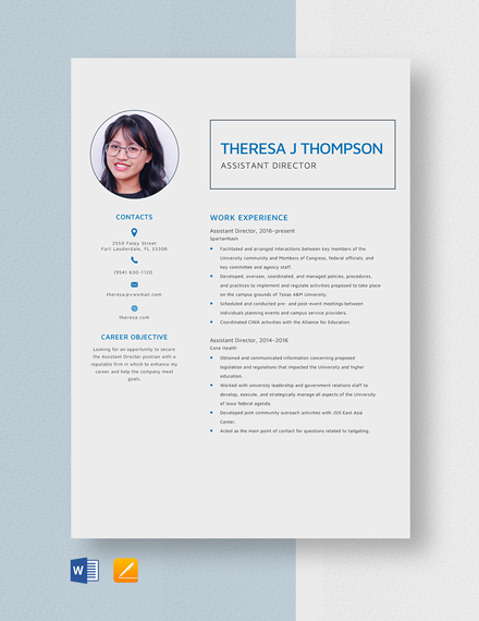 Free Sample Assistant Director Resume Template - Word, Apple Pages