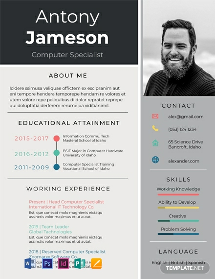 Computer Specialist Resume Template - InDesign, Word, Apple Pages, PSD, Publisher