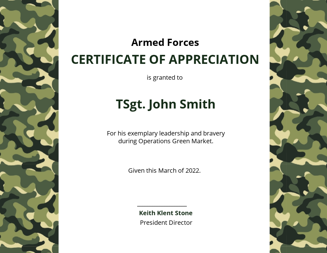 Army Certificate Of Appreciation Template