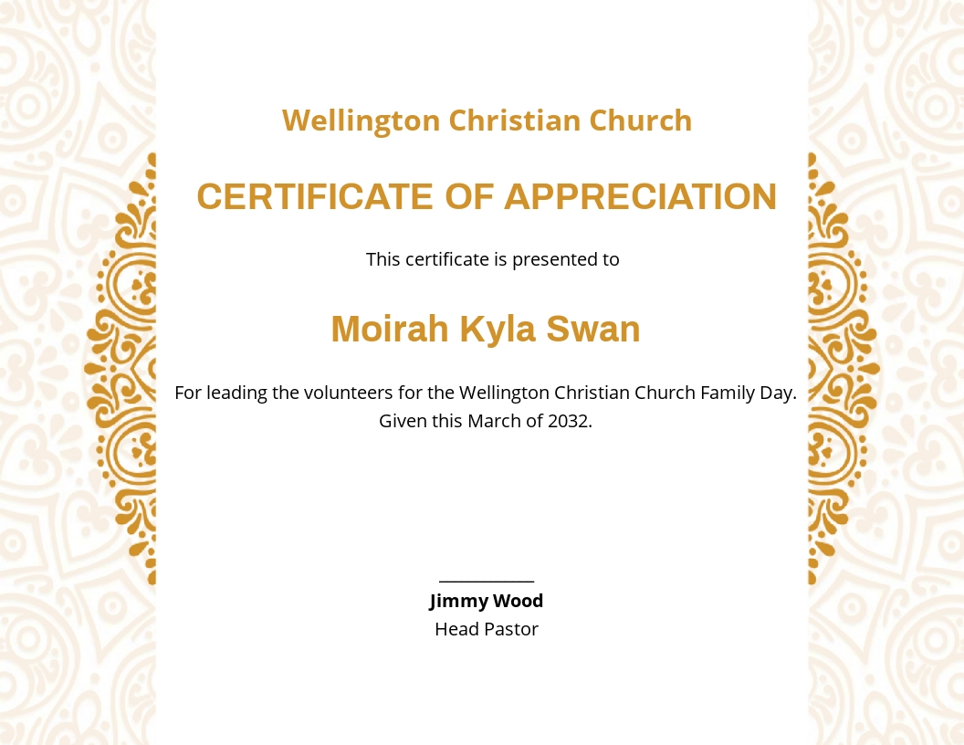 Sample Church Certificate of Appreciation Template - Illustrator, InDesign, Word, Outlook, Apple Pages, PSD, Publisher