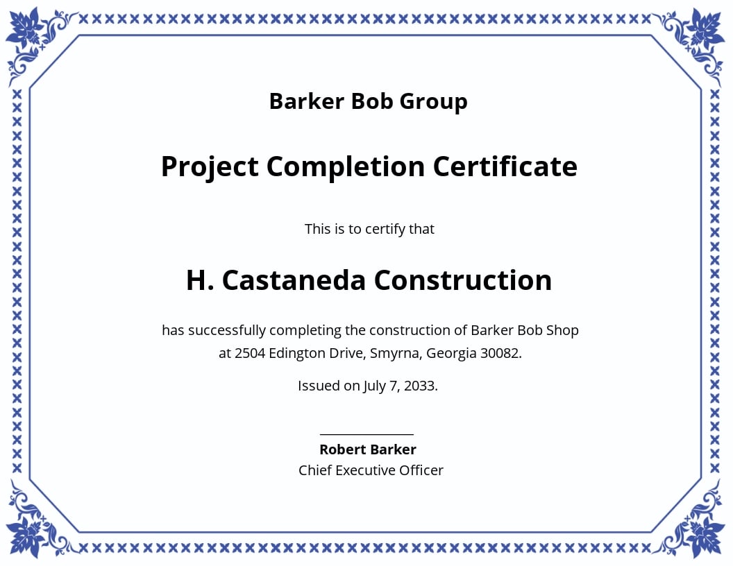 certificate for project sample Pertaining To Certificate Of Completion Template Construction