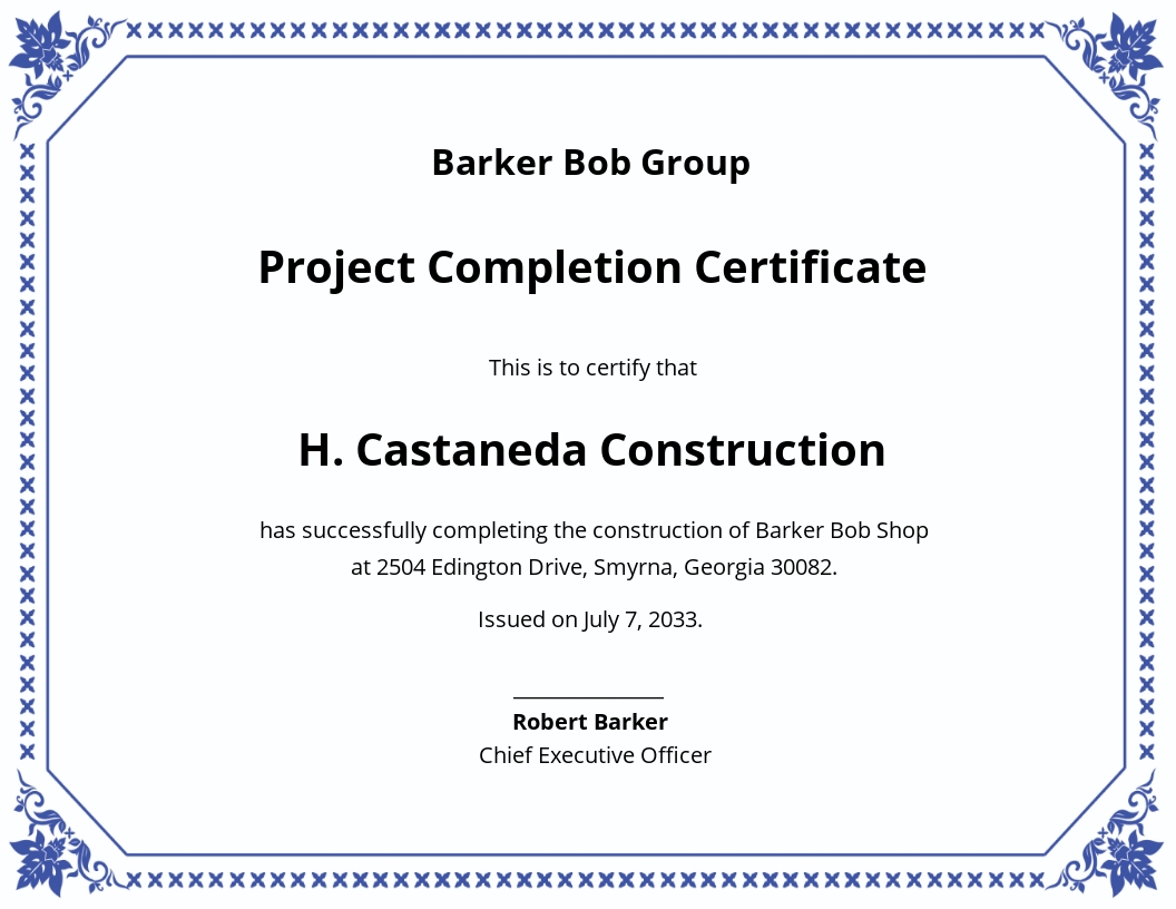 Certificate of Project Completion Template - Google Docs, Illustrator, InDesign, Word, Apple Pages, PSD, Publisher