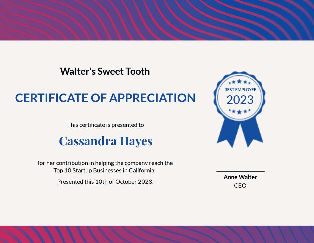 Employee Certificate of Appreciation Template - Google Docs, Illustrator, InDesign, Word, Outlook, Apple Pages, PSD, Publisher