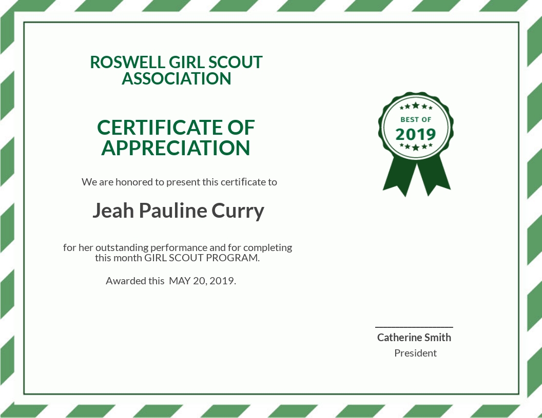 Girl Scout Certificate of Appreciation Template - Google Docs, Illustrator, InDesign, Word, Outlook, Apple Pages, PSD, Publisher