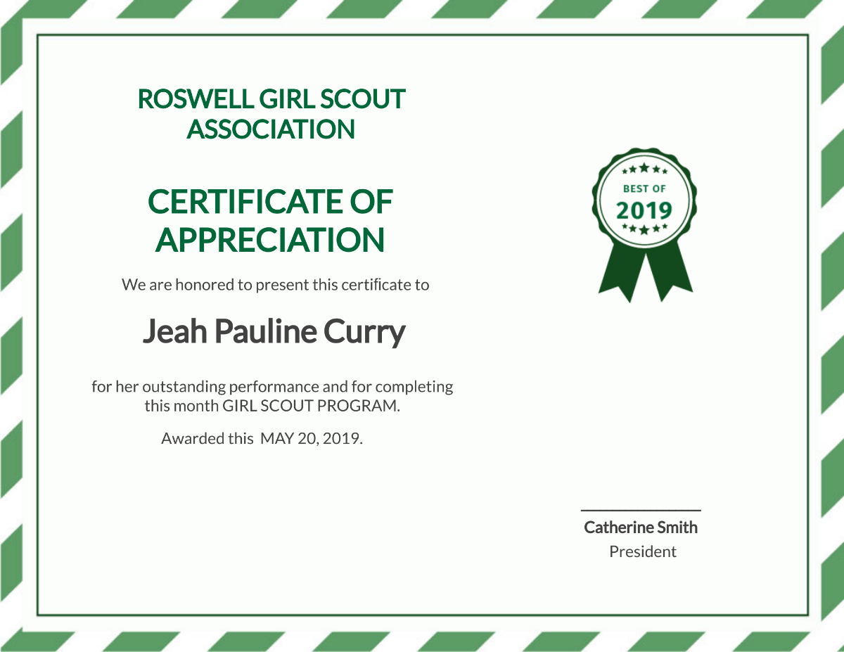 Girl Scout Certificate of Appreciation Template