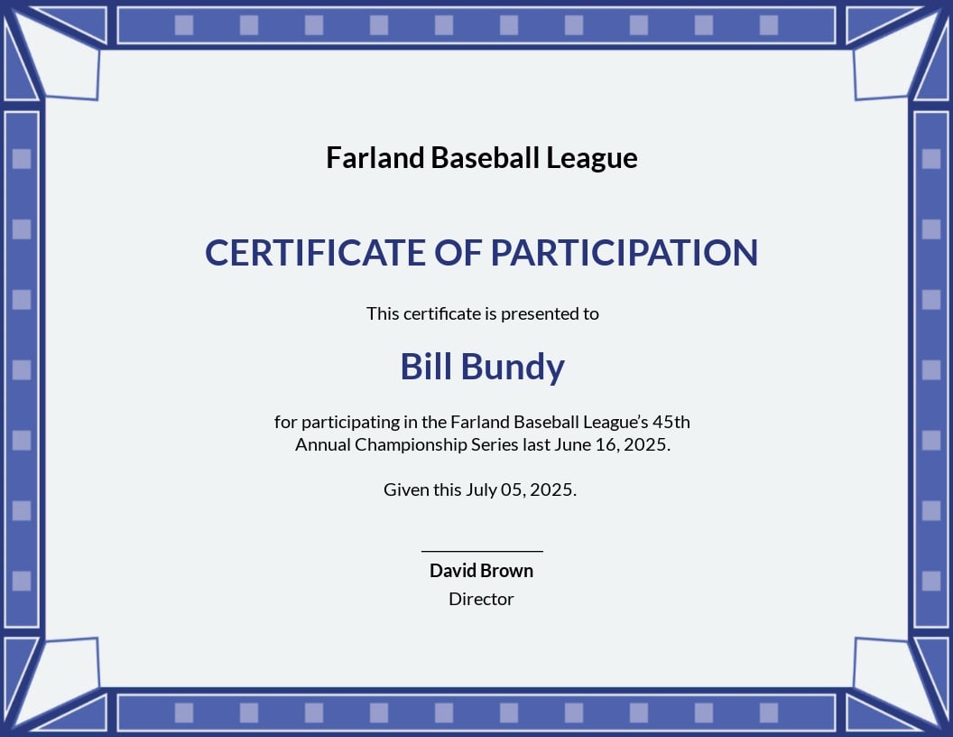 Participation Certificate for Sports Template - Google Docs, Illustrator, InDesign, Word, Apple Pages, PSD, PDF, Publisher