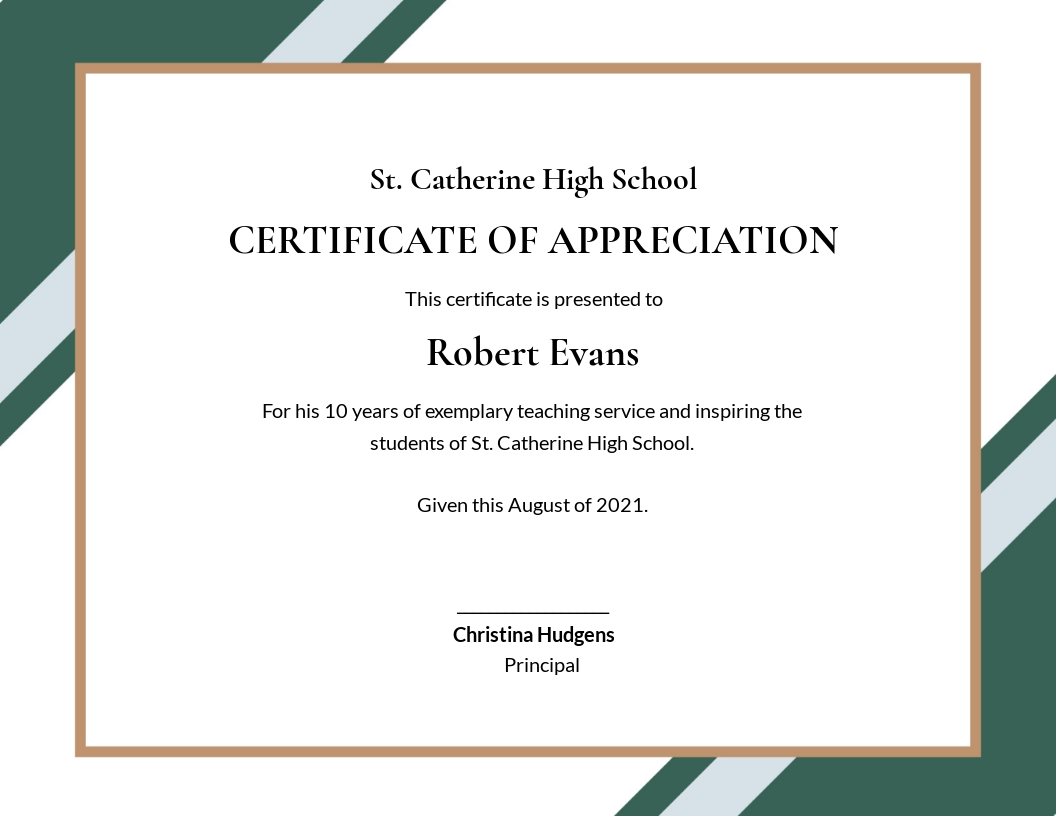 Certificate of Appreciation for Teacher Template - Google Docs, Illustrator, InDesign, Word, Outlook, Apple Pages, PSD, Publisher