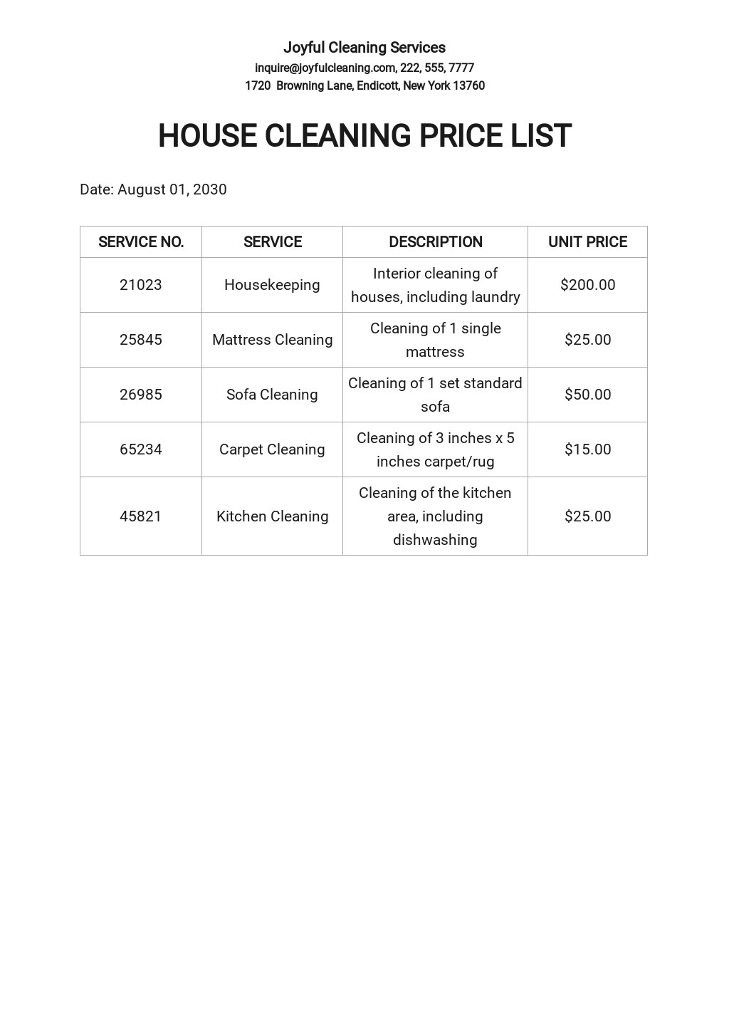 House Cleaning Price List Template.jpe