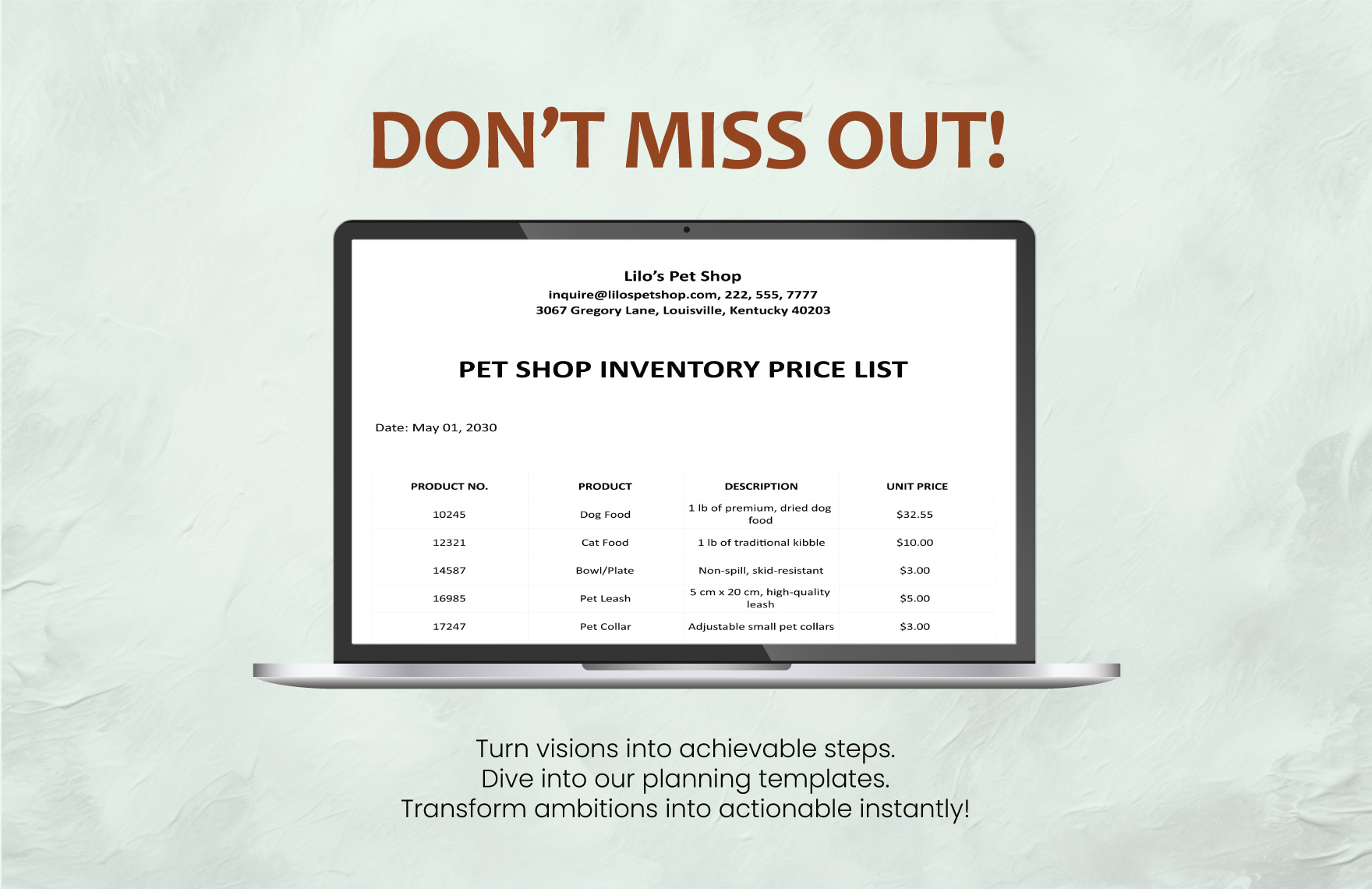 Inventory Price List Template