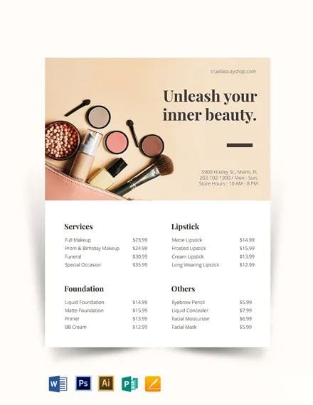 Makeup Price List Template - Word, Google Illustrator, PSD, Pages, Publisher | Template.net