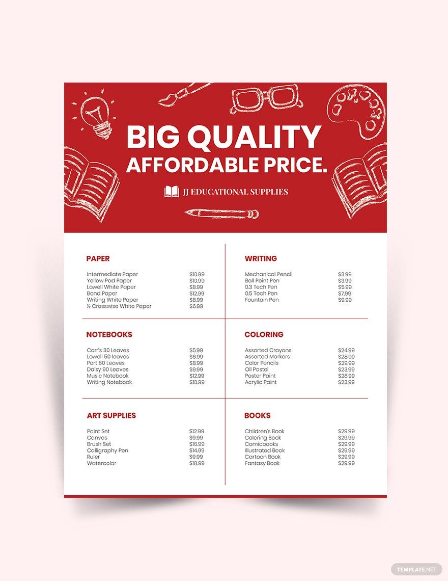 Materials Price List Template - Google Docs, Illustrator, Word, Apple  Pages, PSD, Publisher 