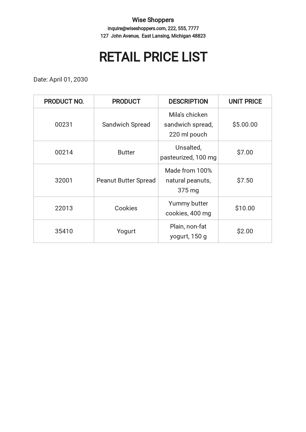 Retail Price List Template Google Docs Word Template